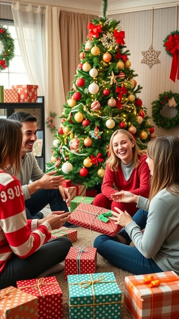 Family playing Christmas gift exchange games around a decorated tree, with wrapped gifts and festive decorations.